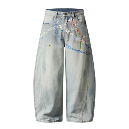 Graphic Chain Print Wide Leg Baggy Jeans Washed Denim High Waist Streetwear Y2K Casual Pants