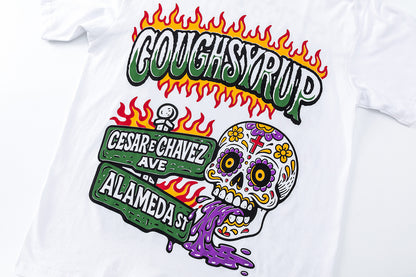 White Graphic T-Shirt with Flaming Skull and Eagle Back Print, Streetwear Tee