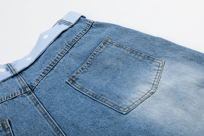 Women's I Love RVNTENG Letter Print Polka Dot Tie Wide Leg Denim Shorts High Waist Casual Streetwear Jean Shorts