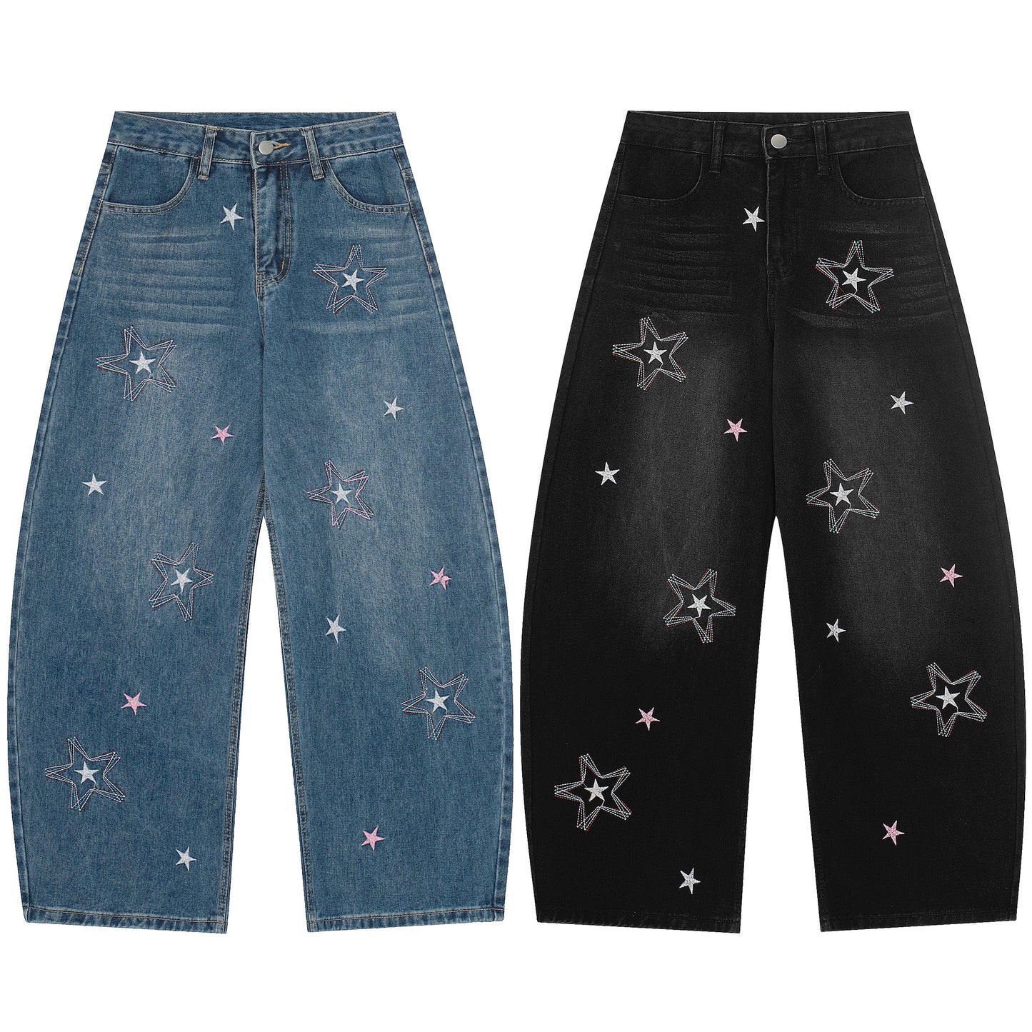 Star Embroidery Wide Leg Barrel Jeans - Blue Back Detail