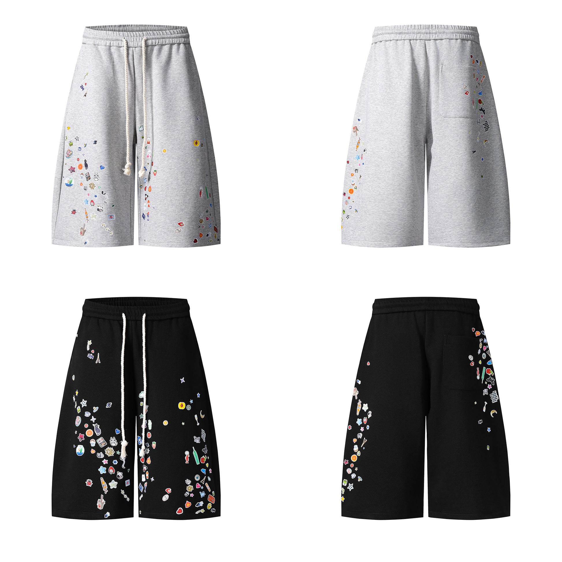 Kawaii sticker print fleece shorts black and gray side by side