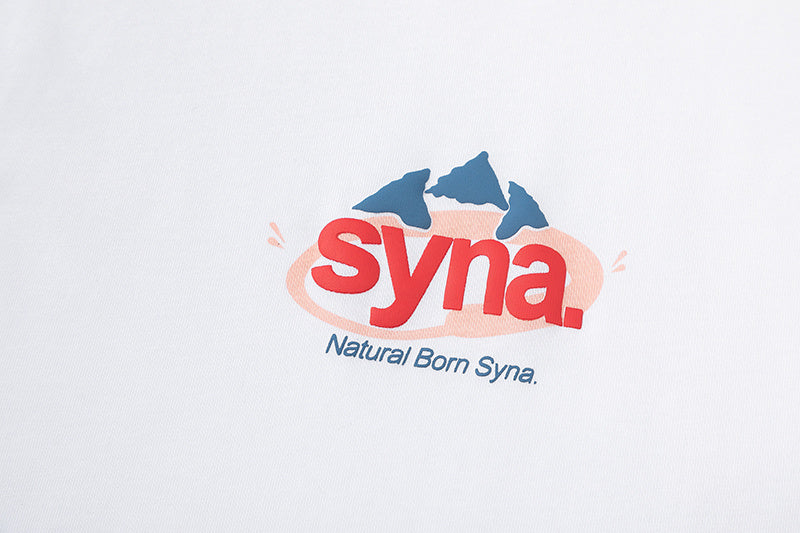 White short sleeve crewneck T-shirt with small red and blue Syna mountain chest graphic - view 6