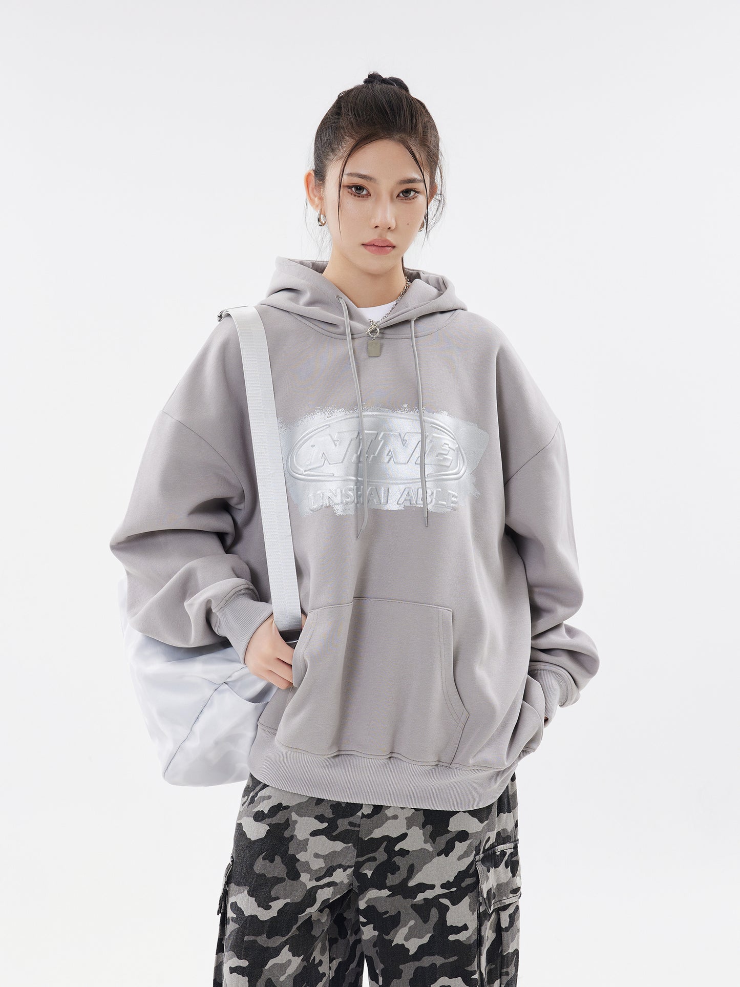 Cement grey hoodie front view detail