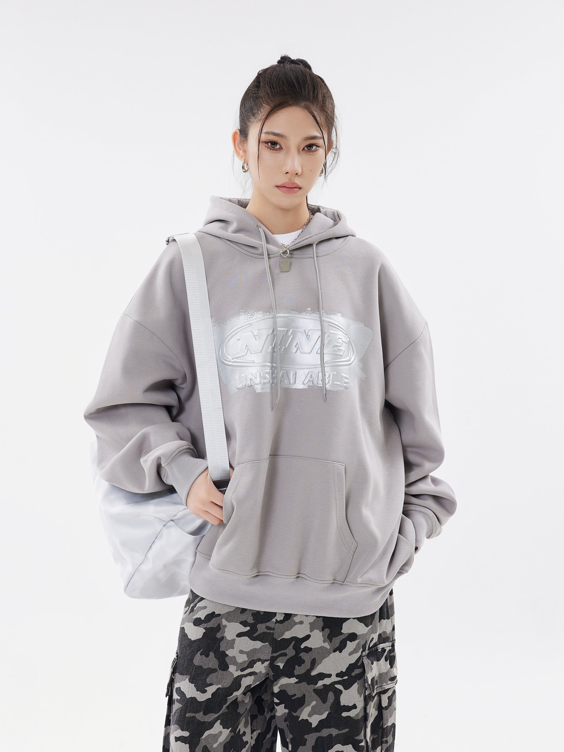 Cement grey hoodie front view detail