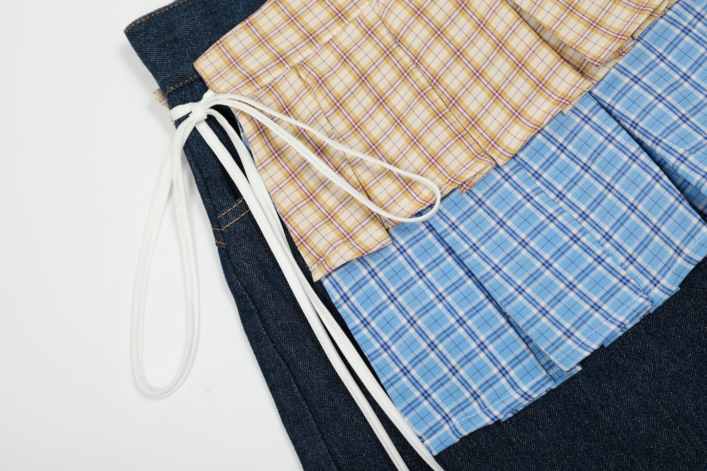 Double Layer Plaid Pleated Skirt Hem Patchwork Denim Shorts Side Tie JK Streetwear Y2K