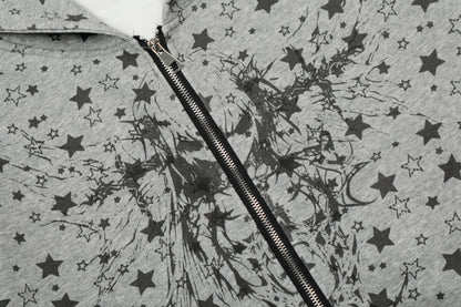 All Over Star Print Gothic Tree Graphic Zip Up Hoodie Oversized Rivet Cuff Y2K Streetwear Sweatshirt
