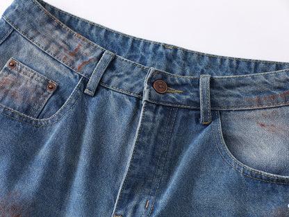 Paint Splatter Mud Dye Barrel Wide Leg Jeans High Waist Light Wash Distressed Diagonal Seam Streetwear Denim Trousers | Mud Canvas