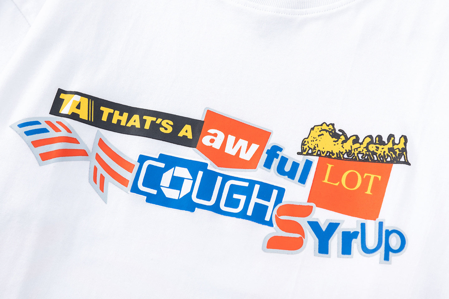 Adult graphic print crew neck T-shirt shown in black and white with colorful Cough Syrup typography - view 6