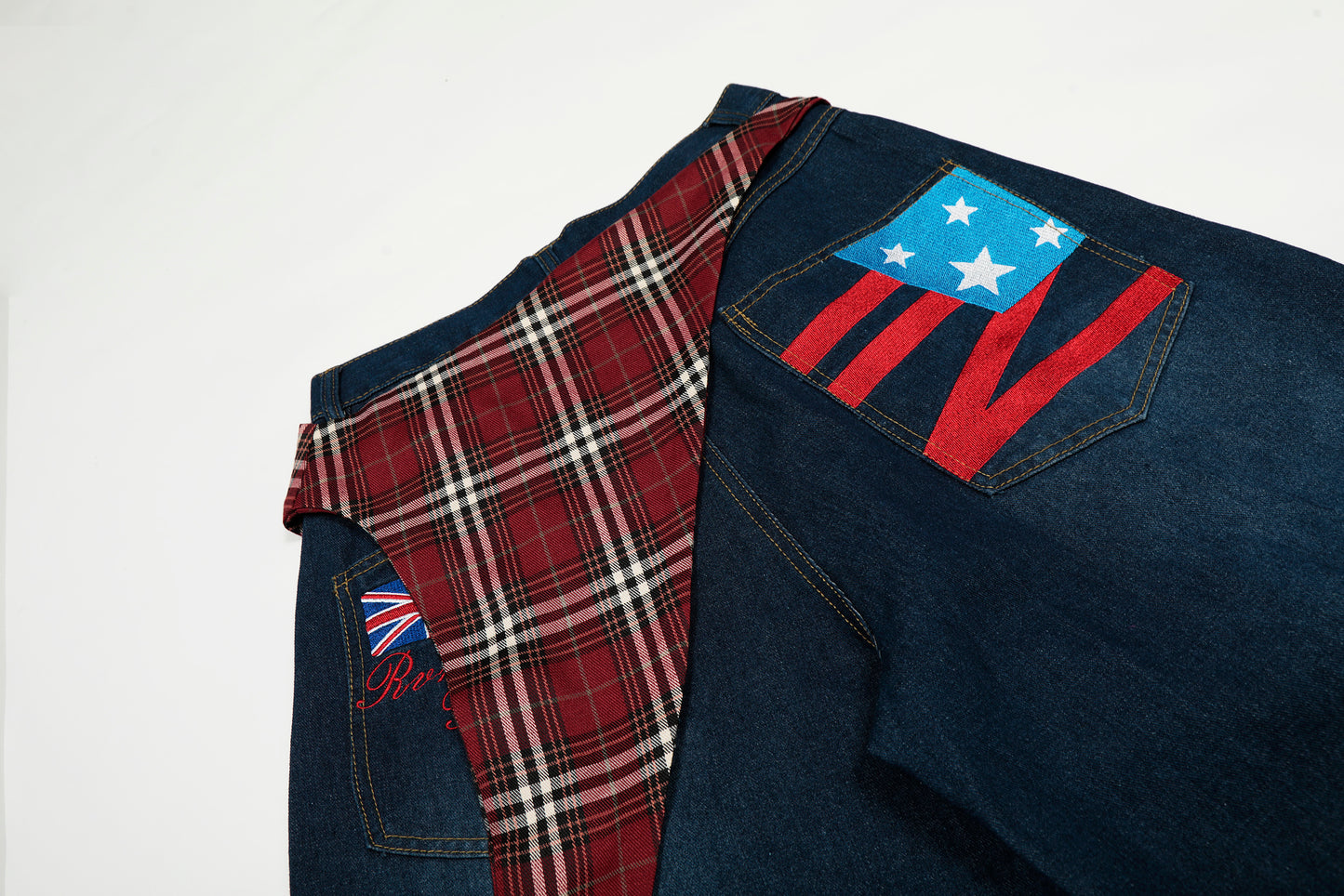 Women's Red Plaid Triangle Patchwork Waist Z American Flag Embroidery Balloon Wide Leg Denim Jeans High Waist Y2K Streetwear Baggy Jean Pants