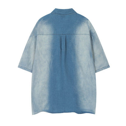 Geesas Na Max Colorful Star Embroidered Washed Denim Short Sleeve Shirt Oversized Button Down Y2K Streetwear Summer Top | Star Na