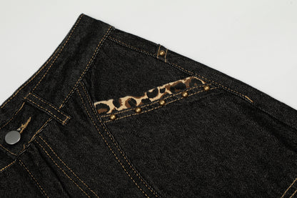 Gothic Cross Forever Embroidery Leopard Pocket Wide Leg Barrel Jeans High Waist Y2K Streetwear Denim