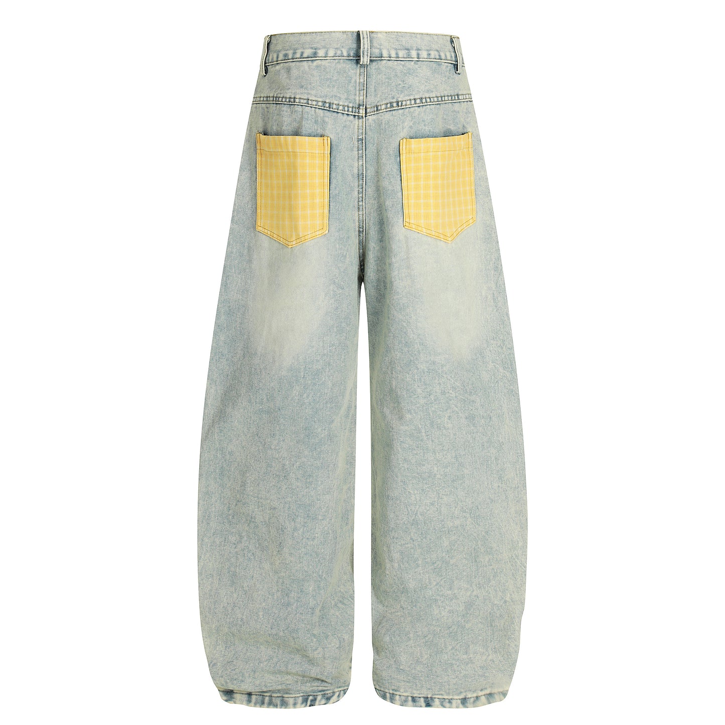 Yellow plaid patchwork wide leg denim jeans - back view