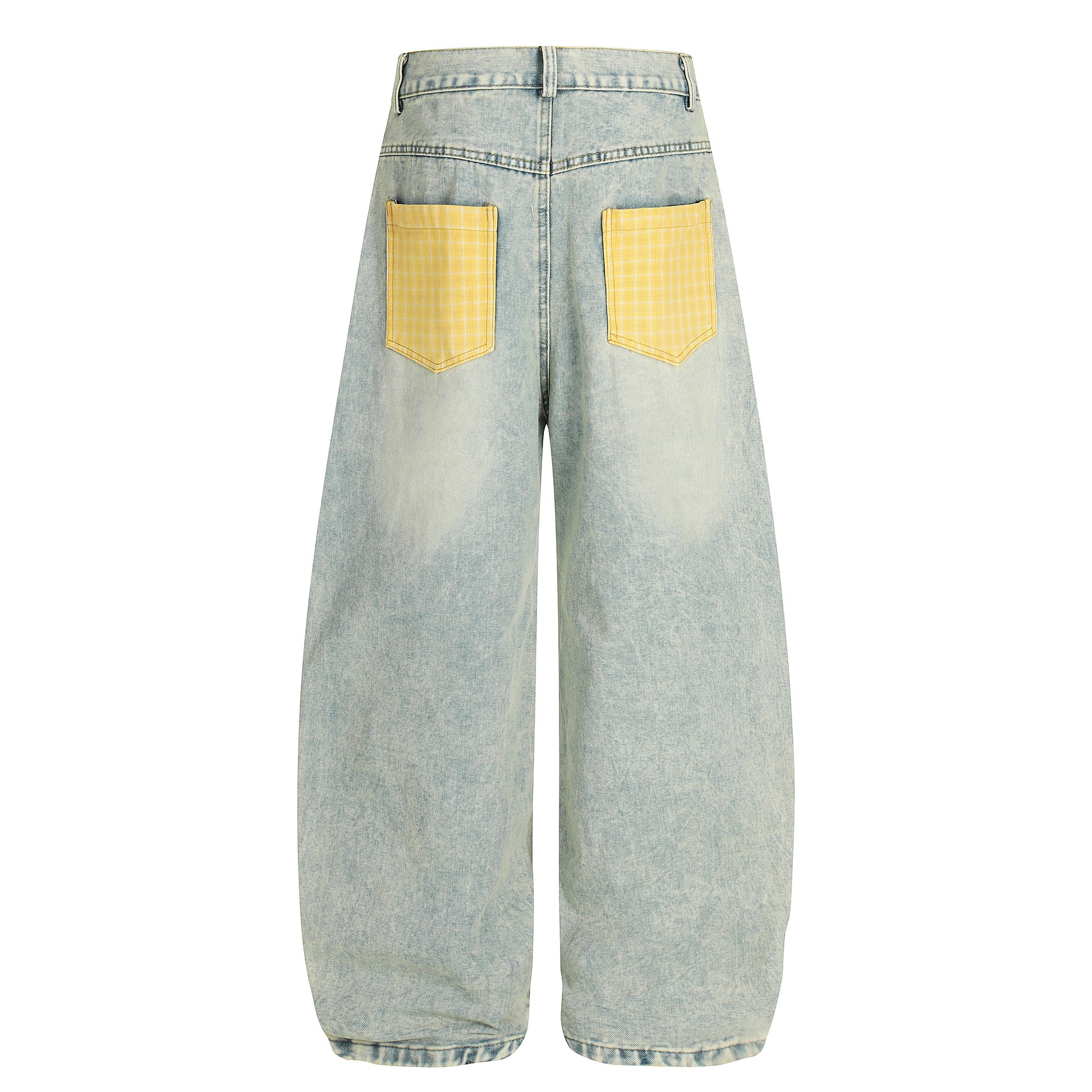 Yellow plaid patchwork wide leg denim jeans - back view