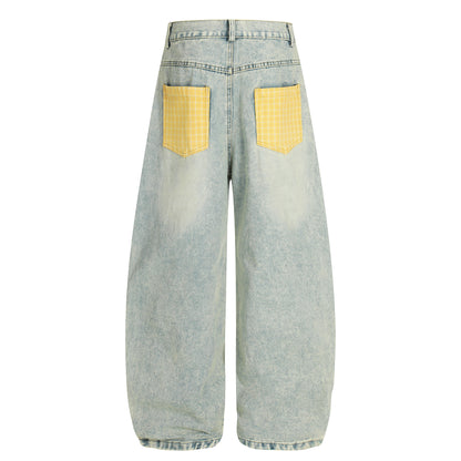Yellow Plaid Patchwork Wide Leg Denim Jeans High Waist Washed Barrel Streetwear Y2K Casual Pants | Sunny Barrel