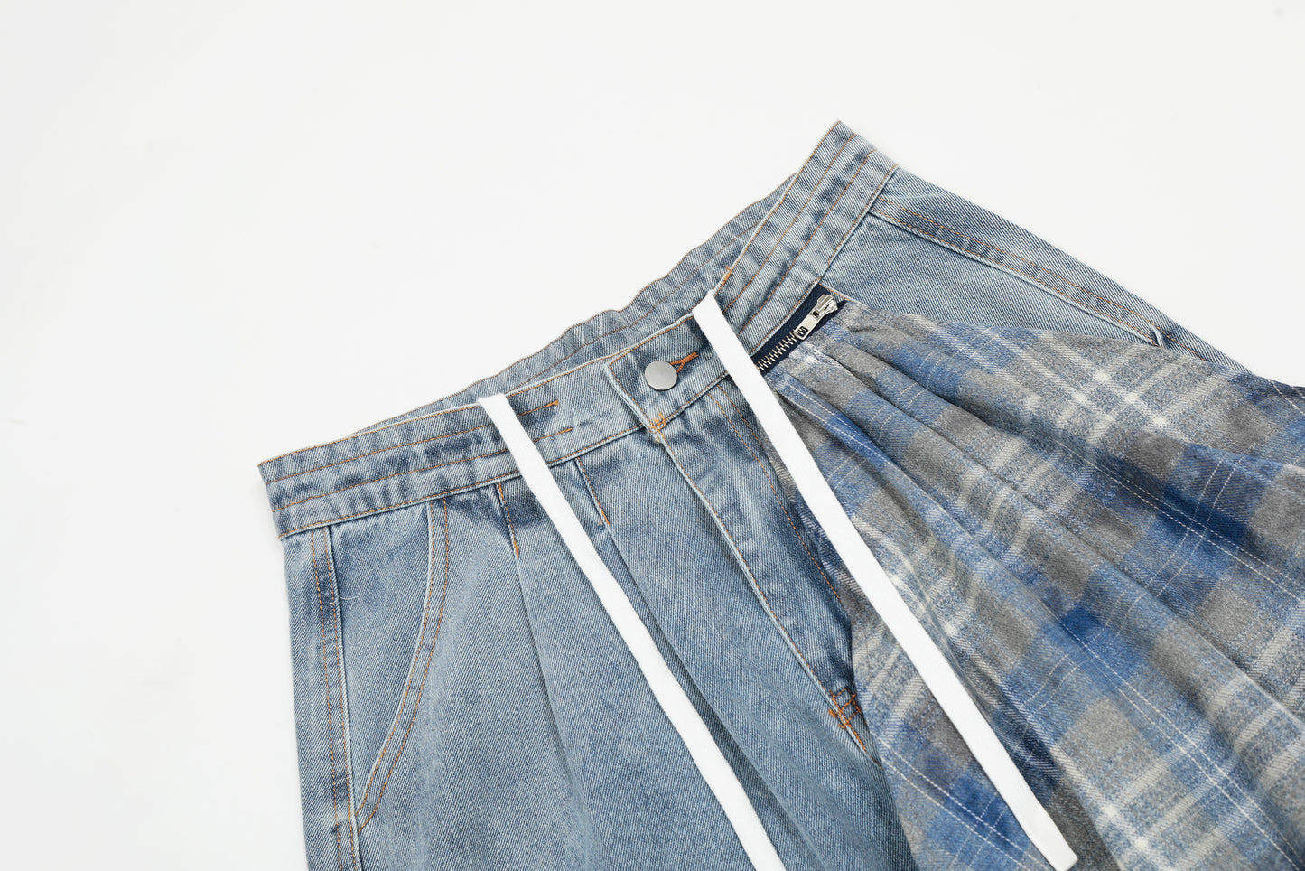 Plaid Scarf Waist Tie Drawstring Wide Leg Jeans Cargo Pocket Hem Slit Baggy Denim Y2K Streetwear