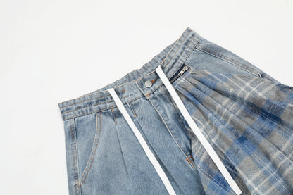 Plaid Scarf Waist Tie Drawstring Wide Leg Jeans Cargo Pocket Hem Slit Baggy Denim Y2K Streetwear