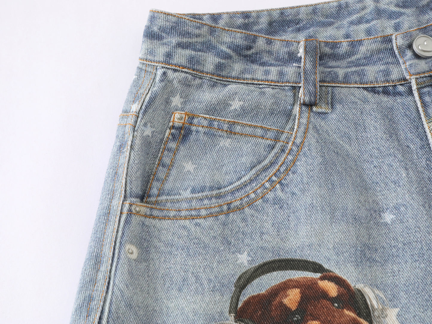 3D Plush Bear Peek Hole Denim Shorts Star Print Distressed High Waist Casual Streetwear Baggy Jean Shorts | Peek Bear