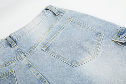 Women's Lace Trim Rhinestone Floral Cargo Wide Leg Jeans High Waist Light Wash Casual Streetwear Denim Pants