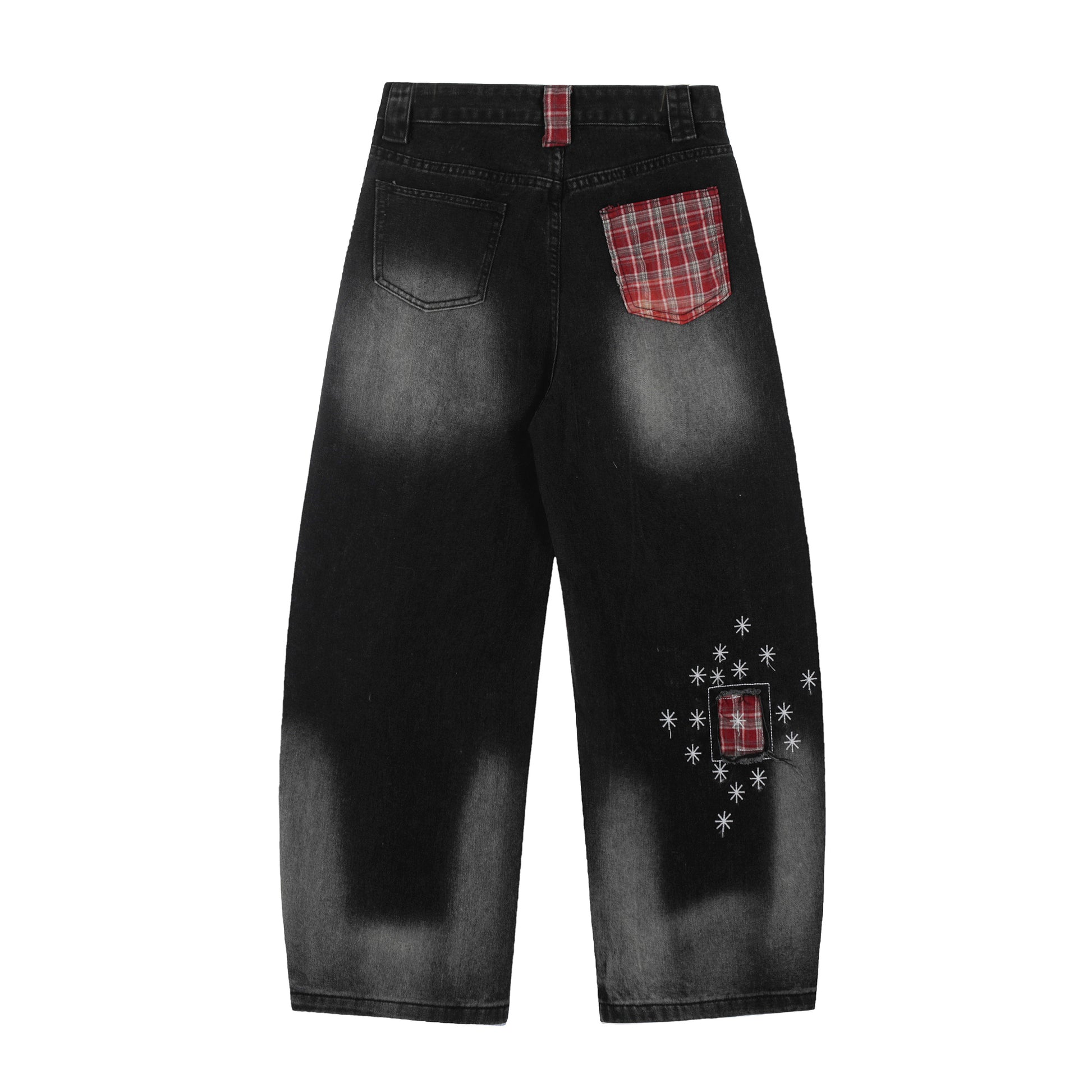 Red Plaid Patch Star Embroidery Wide Leg Jeans - Black Back