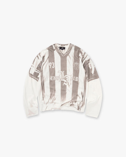 Represent England 93 Stripe Soccer Jersey Layered Long Sleeve Tee Washed Oversized Drop Shoulder Vintage Retro Streetwear Top | England 93