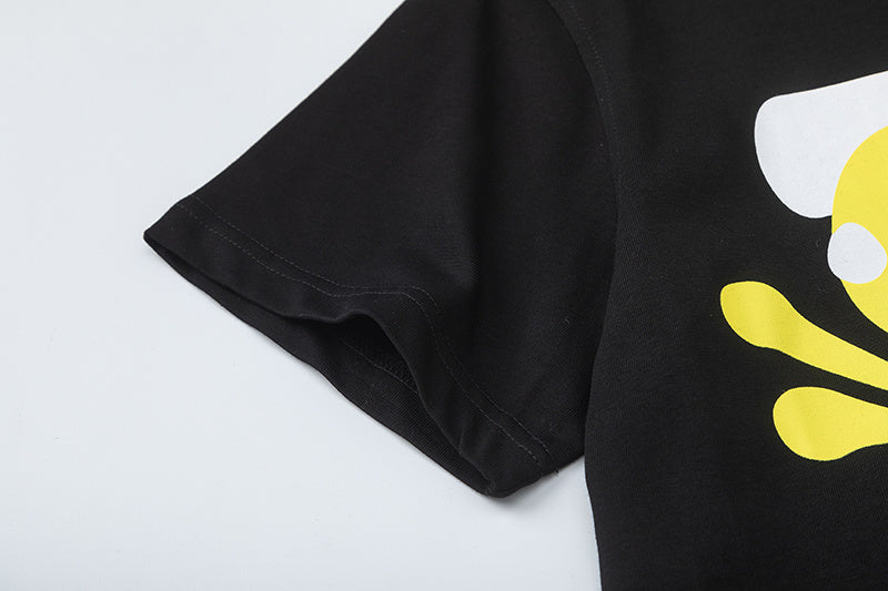 Black short-sleeve crewneck T-shirt with yellow and white graffiti-style graphic print - view 6