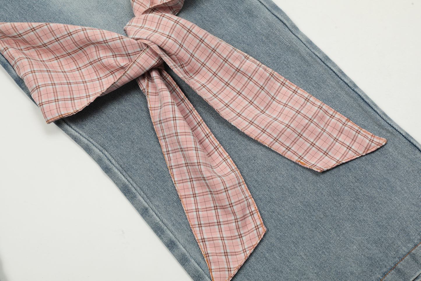 Plaid Bow Tie Side Leg Cutout Wide Leg Jeans Heart Wash High Waist Straight Denim Y2K Cute
