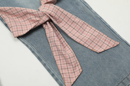 Plaid Bow Tie Side Leg Cutout Wide Leg Jeans Heart Wash High Waist Straight Denim Y2K Cute