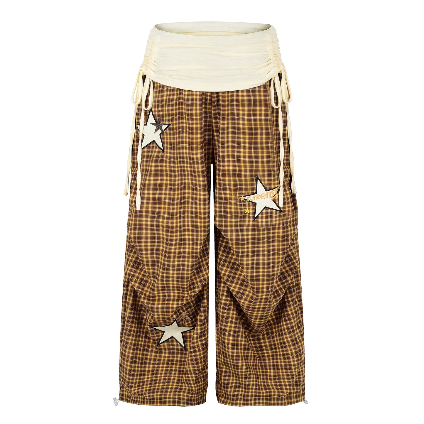 Women's Star Patch Plaid Wide Leg Pants - Blue Front View 2