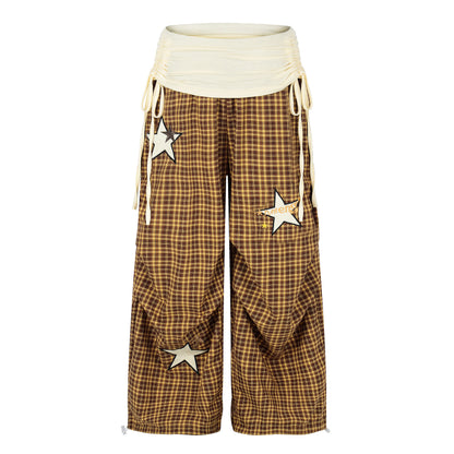 Women's Star Patch Embroidery Plaid Ruched Drawstring Waistband Wide Leg Pants High Waist Y2K Streetwear Trousers