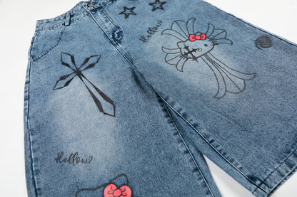 Hello Kitty Cross Star Graphic Wide Leg Denim Shorts High Waist Washed Y2K Streetwear Summer Shorts