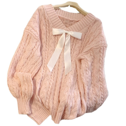 Gentle milk sweet pink loose v-neck lazy wind twist pullover women autumn and winter thickened sweater outer wear