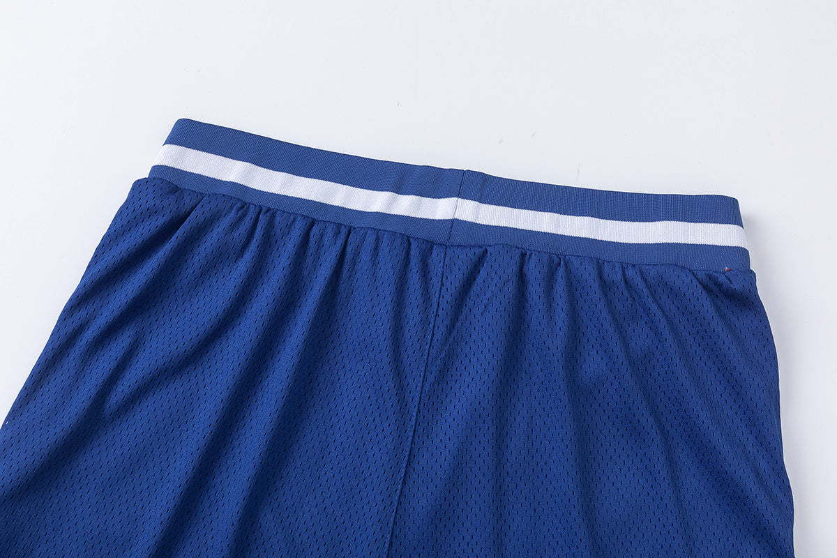 Blue graphic mesh basketball shorts with striped waistband and hem trim - view 6