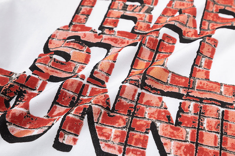 White crew neck short sleeve T-shirt with red and black brick-style Trap Still Runnin graphic - view 6