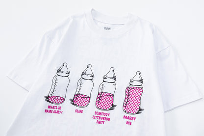White Graphic T-Shirt with Baby Bottle Print, Crew Neck Short Sleeve Tee