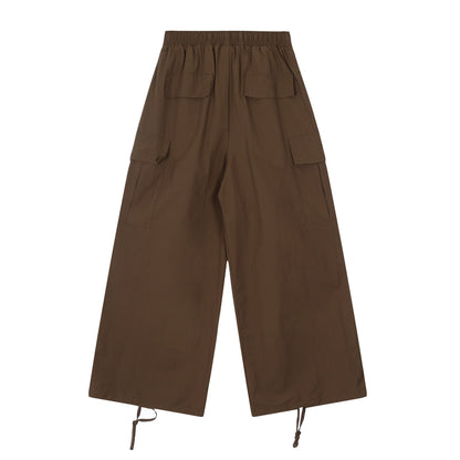 Elastic Waist Drawstring Cargo Wide Leg Pants Multi Pocket Baggy Parachute Streetwear Y2K
