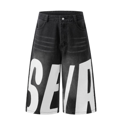 Letter Print Wide Leg Denim Shorts High Waist Washed Streetwear Summer Casual Shorts