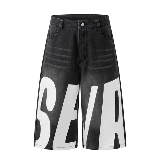 Letter Print Wide Leg Denim Shorts - Blue Back
