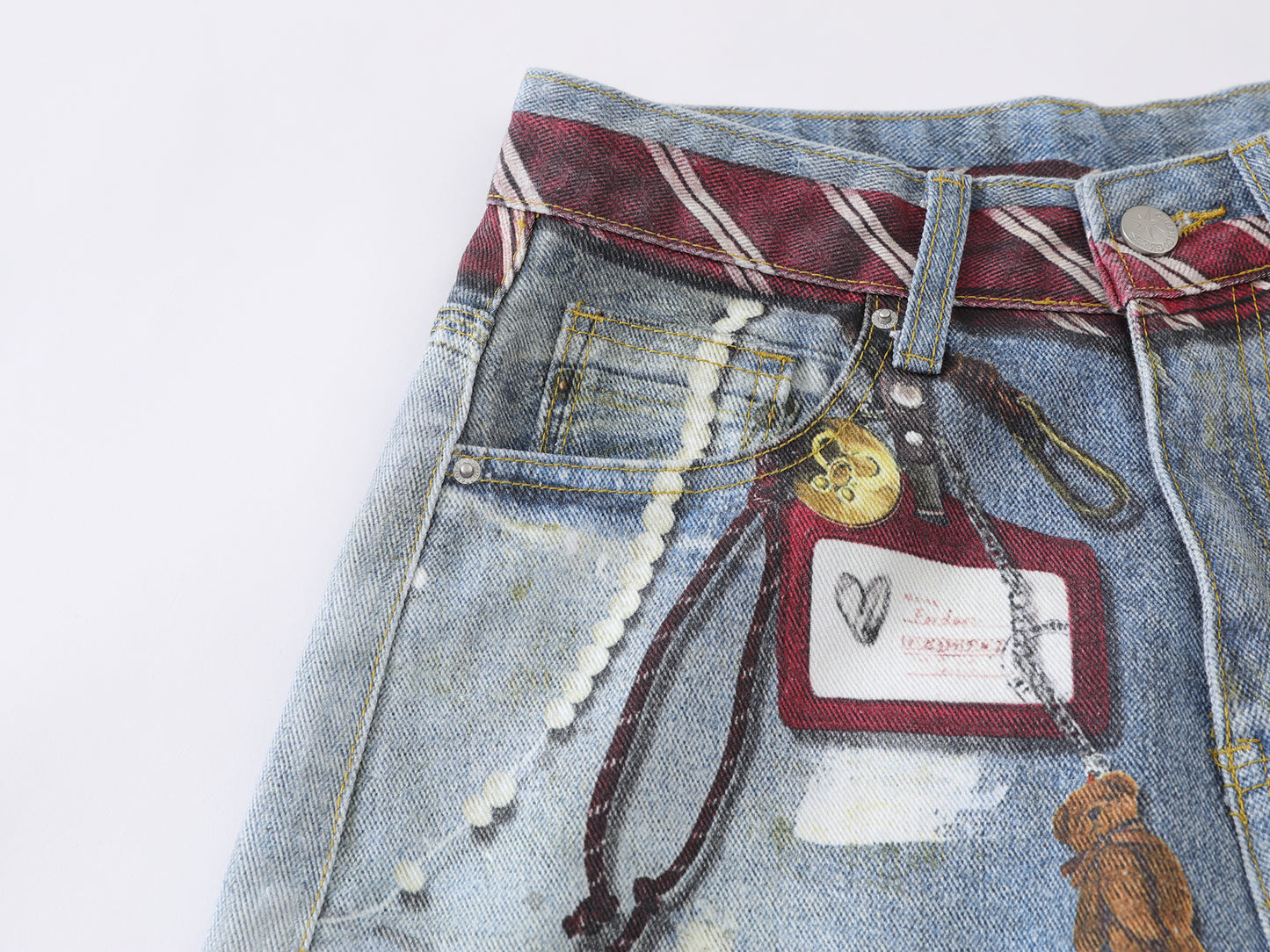 Paint Splatter Balloon Wide Leg Jeans Striped Tie Pearl Chain Charm High Waist Baggy Distressed Denim Pants Streetwear Trousers | Tie Pearl