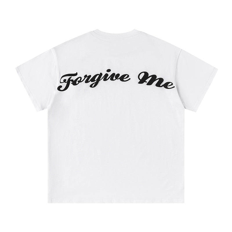 Black unisex graphic T-shirt with small chest print and Forgive Me back graphic - view 6
