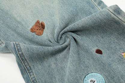 Cartoon Embroidery Scatter Patch Wide Leg Jeans Elastic Waist Washed Denim Bear Star Bow Y2K Harajuku