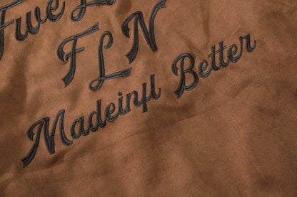 Oversized FLN Letter Embroidery Bomber Jacket Zip Up Suede Texture Streetwear Casual Fall Outerwear