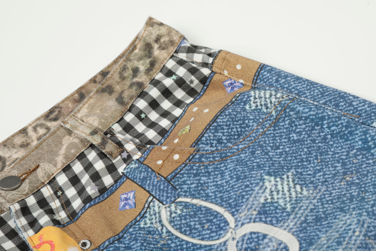 Women's Leopard Gingham Patchwork Star Print Number Embroidery High Waist Wide Leg Denim Shorts Y2K Streetwear Bermuda Jean Shorts