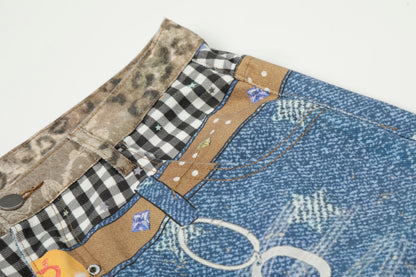 Women's Leopard Gingham Patchwork Star Print Number Embroidery High Waist Wide Leg Denim Shorts Y2K Streetwear Bermuda Jean Shorts