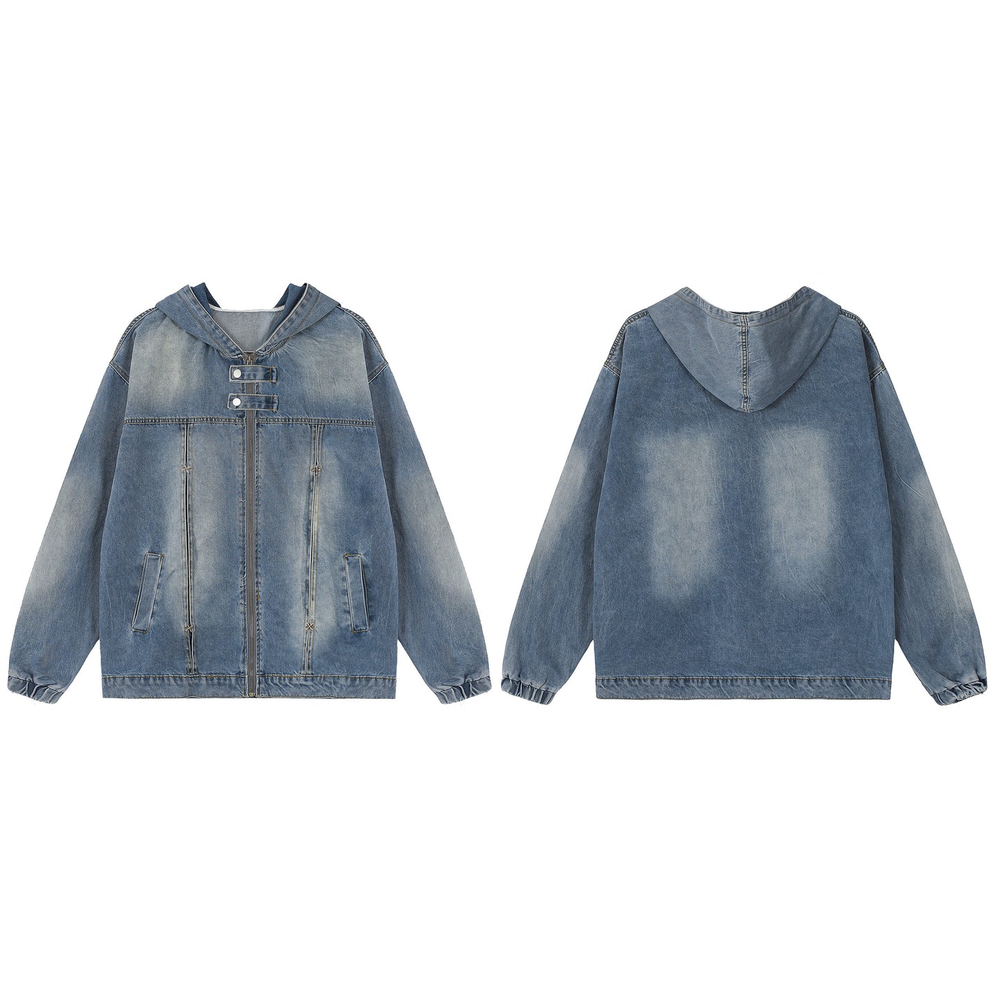 Washed denim hooded jacket light blue - front and back flat lay