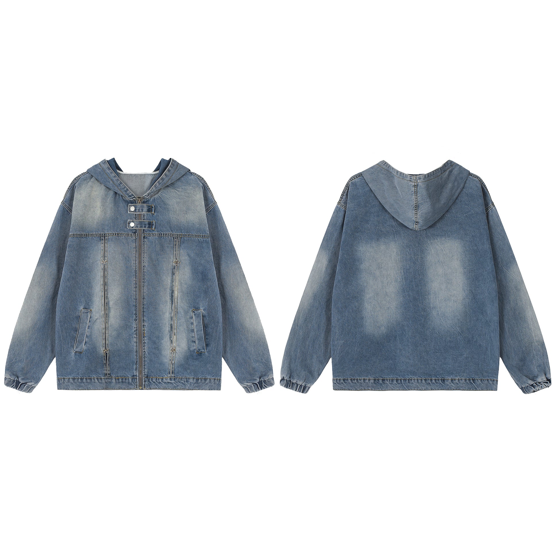 Washed denim hooded jacket light blue - front and back flat lay