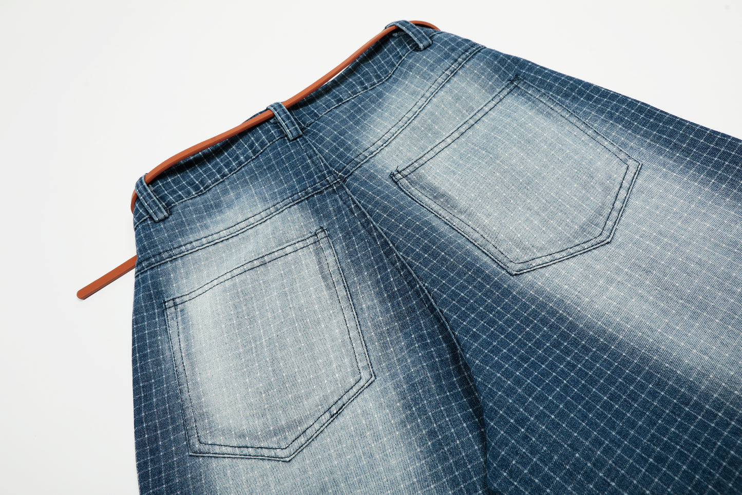 Grid Jacquard Washed Wide Leg Denim Shorts High Waist Bleached Vintage Belt Included Y2K Streetwear