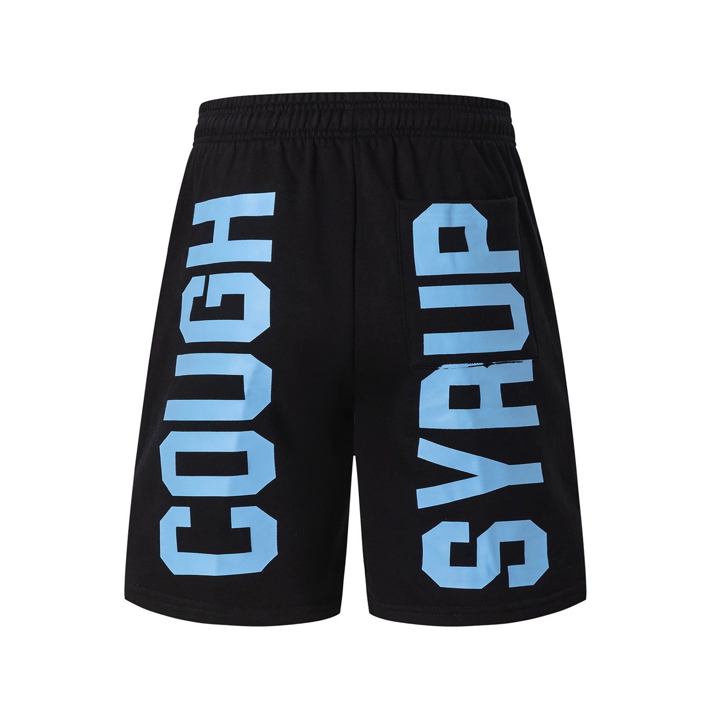 Men's black graphic shorts with light blue lettering, bottle-and-wings print, drawstring waist, and rear patch pocke - view 6