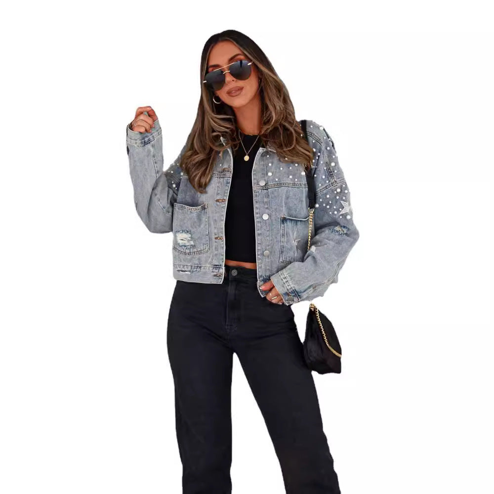 AliExpress fashion Europe and America heavy beading women's loose jeans coat