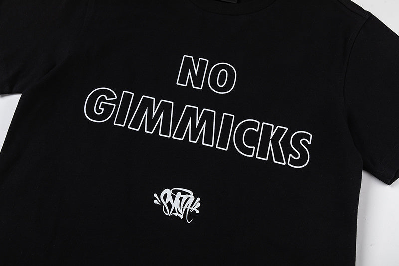 Black unisex crew neck T-shirt with outlined No Gimmicks graphic on front - view 6