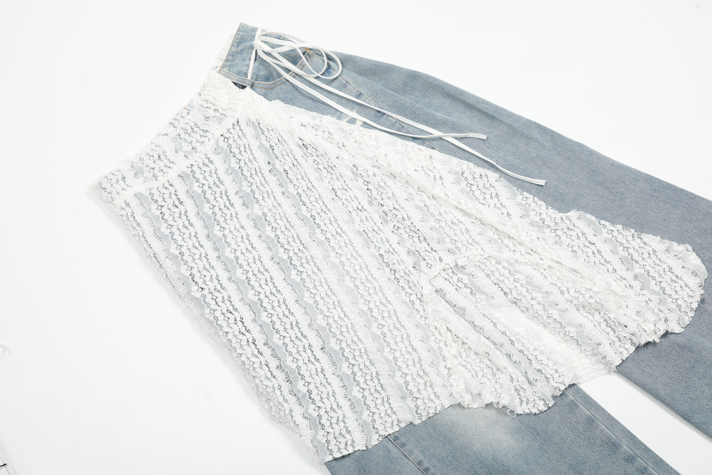 White Lace Crochet Patchwork Wide Leg Jeans Asymmetric Tie Waist Light Wash Denim Romantic Y2K